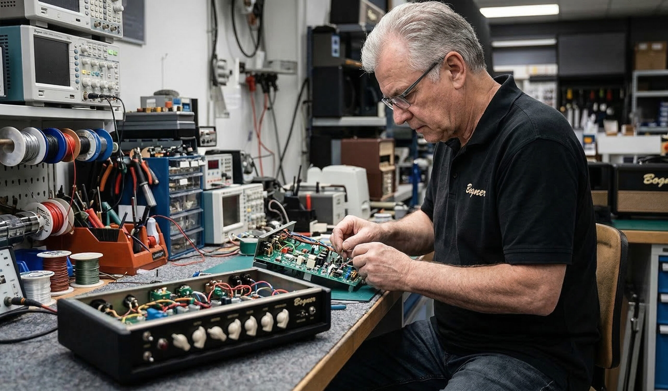 Technician repairing audio equipment